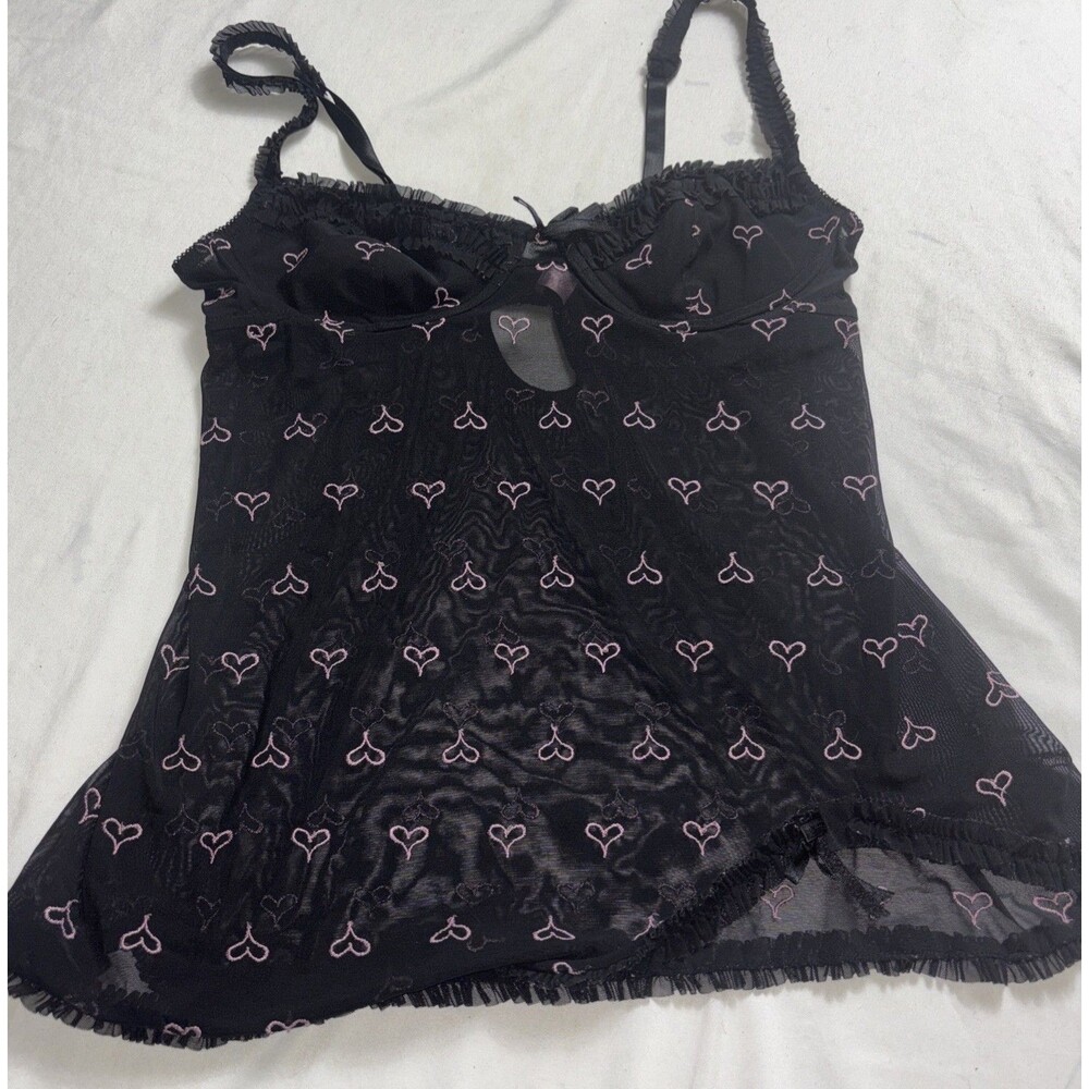 Romantic Erotic Babydoll Lingerie 36B M Black Pink Heart Sheer Lace Trim Sexy W